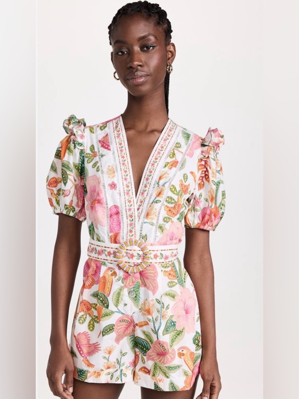 FARM Rio White Romper with Pink & Green Tropical Floral Print